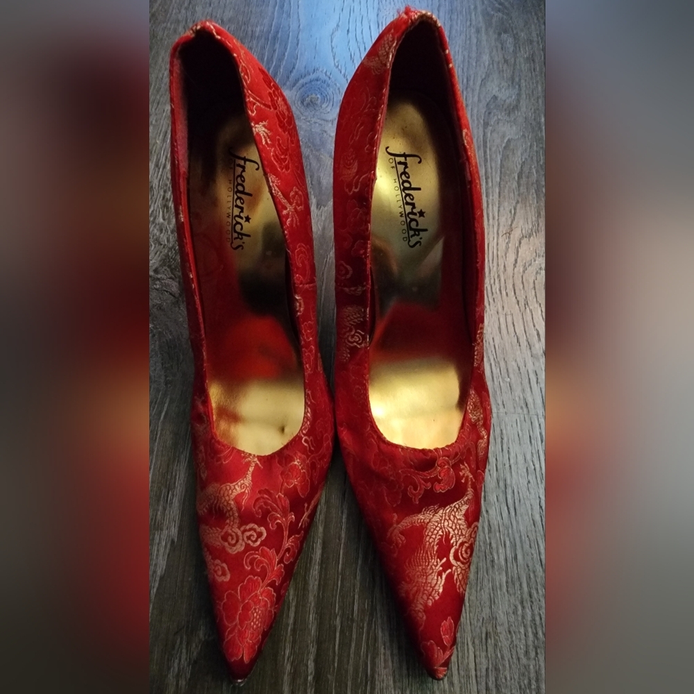 Frederick's of Hollywood Red Satin Stiletto Heels w Gold Chinese Dragon Design